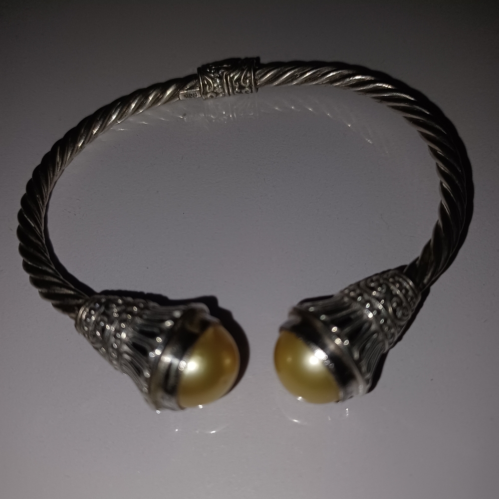 Diamonique Hinged Cable Cuff 925 silver Bracelet with Pearl on each End
